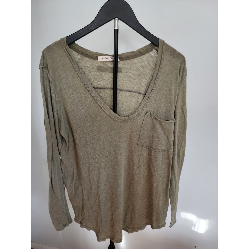 Free People We The Free Olive Slub Knit V-Neck Long Sleeve Pocket Tee M